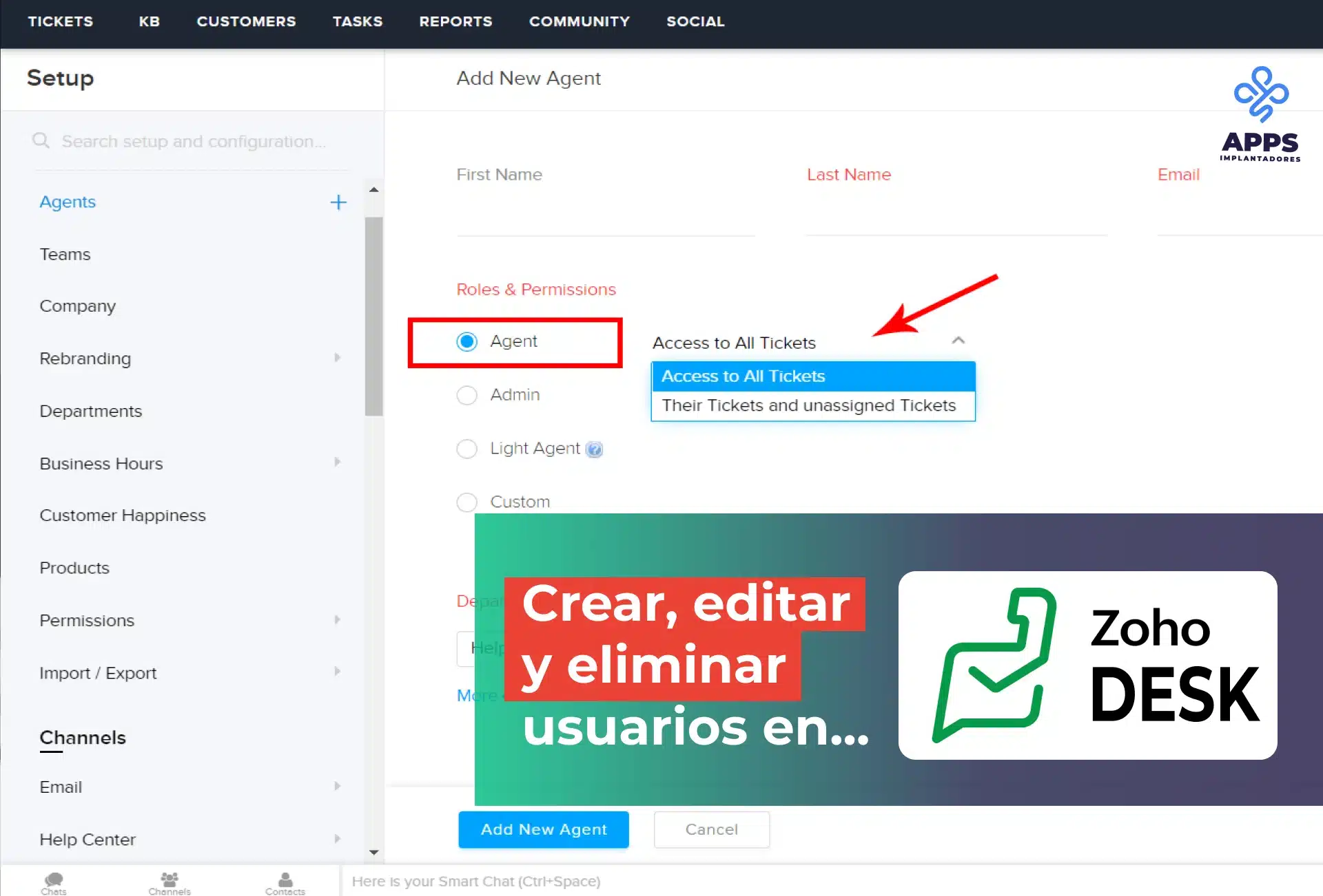 Crear editar y eliminar usuarios Zoho Desk